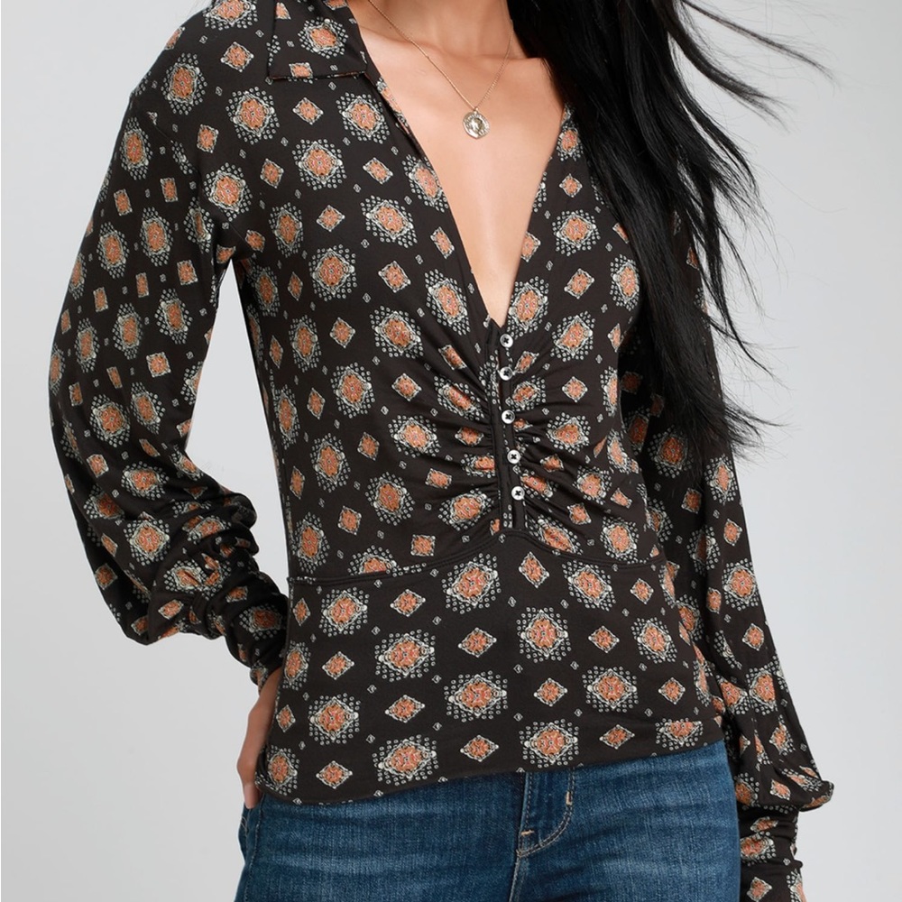 Free People Sydney's Party Washed Black Print Long Sleeve Top